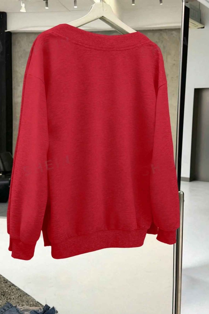 Oversize Kırmızı V Yaka Düz Sweatshirt Oversize Kırmızı V Yaka Düz Sweatshirt