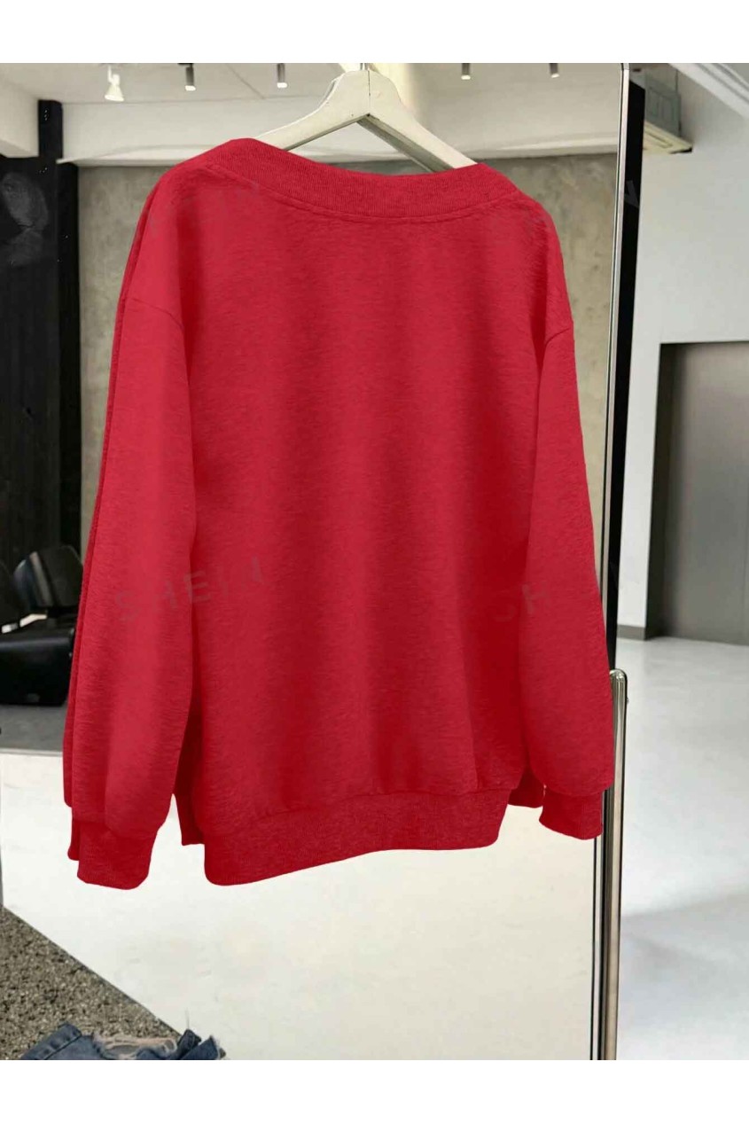 Oversize Kırmızı V Yaka Comfort Baskı Desenli Sweatshirt Oversize Kırmızı V Yaka Comfort Baskı Desenli Sweatshirt