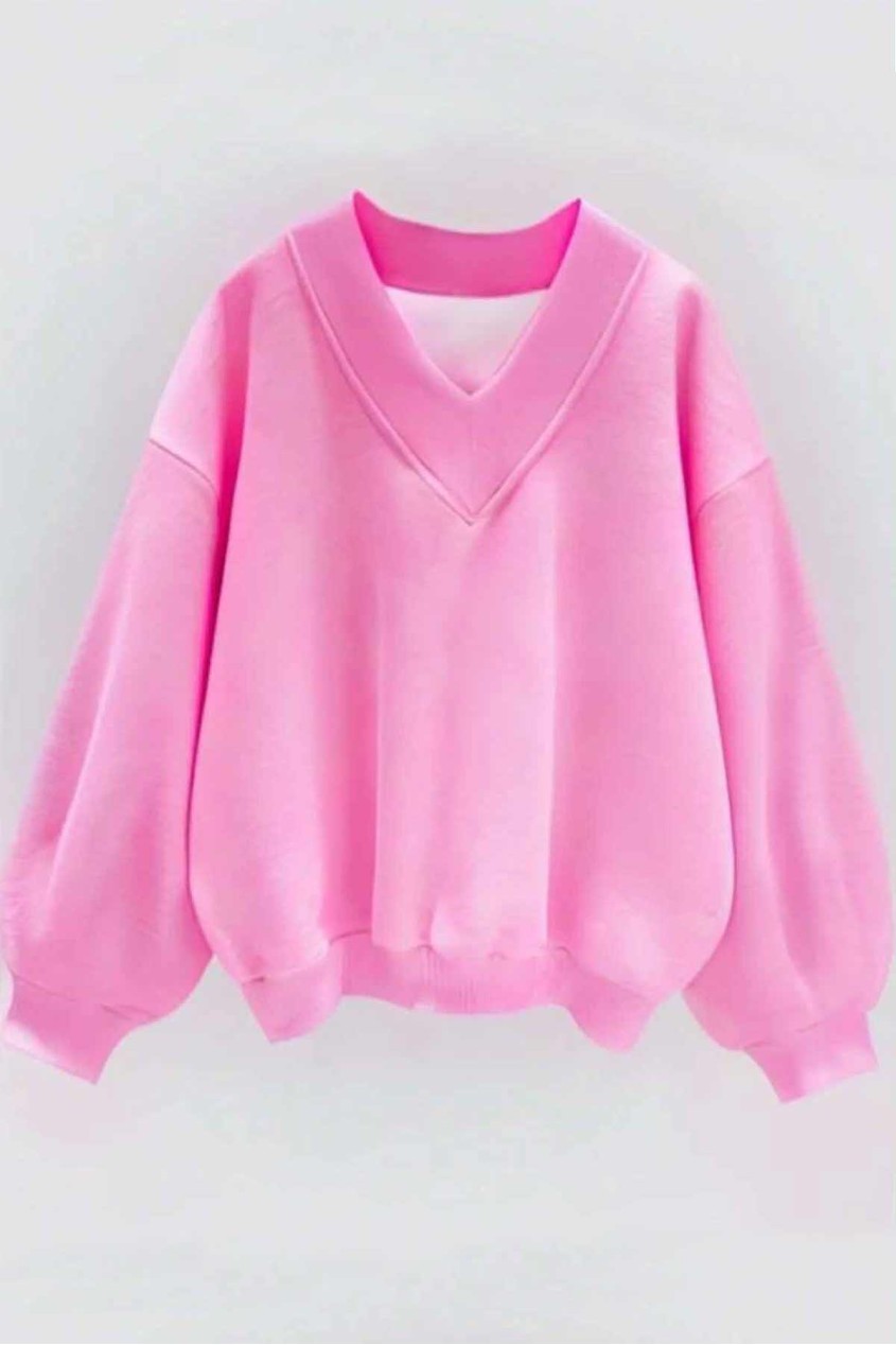 Oversize Pembe V Yaka Düz Sweatshirt Oversize Pembe V Yaka Düz Sweatshirt