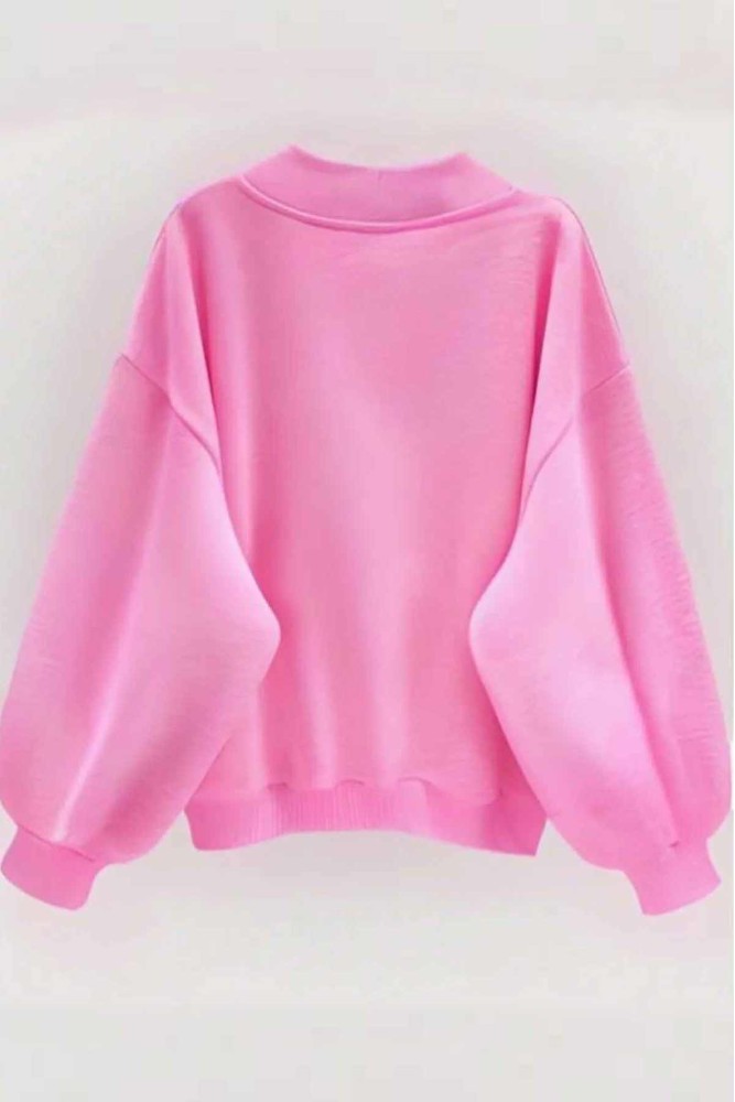Oversize Pembe V Yaka Düz Sweatshirt