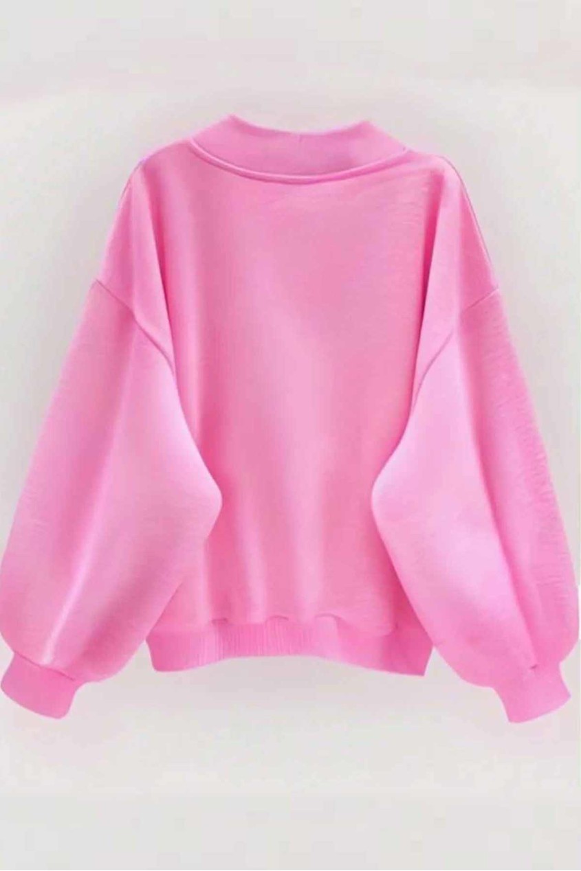 Oversize Pembe V Yaka Düz Sweatshirt Oversize Pembe V Yaka Düz Sweatshirt