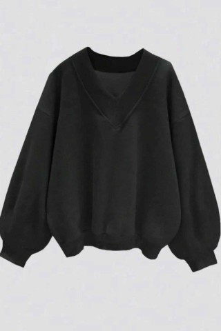 Oversize Siyah V Yaka Düz Sweatshirt Oversize Siyah V Yaka Düz Sweatshirt