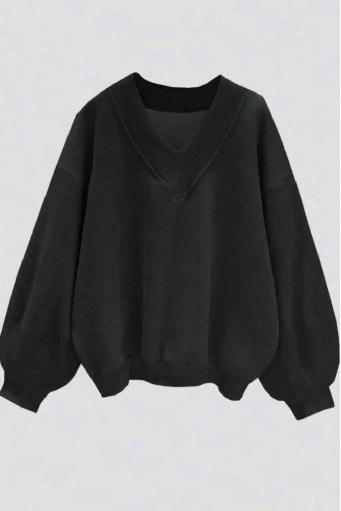 Oversize Siyah V Yaka Düz Sweatshirt