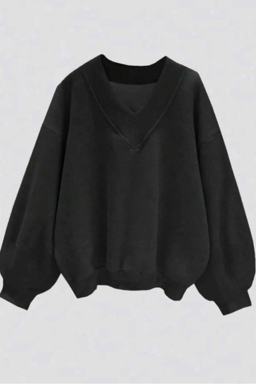 Oversize Siyah V Yaka Düz Sweatshirt Oversize Siyah V Yaka Düz Sweatshirt