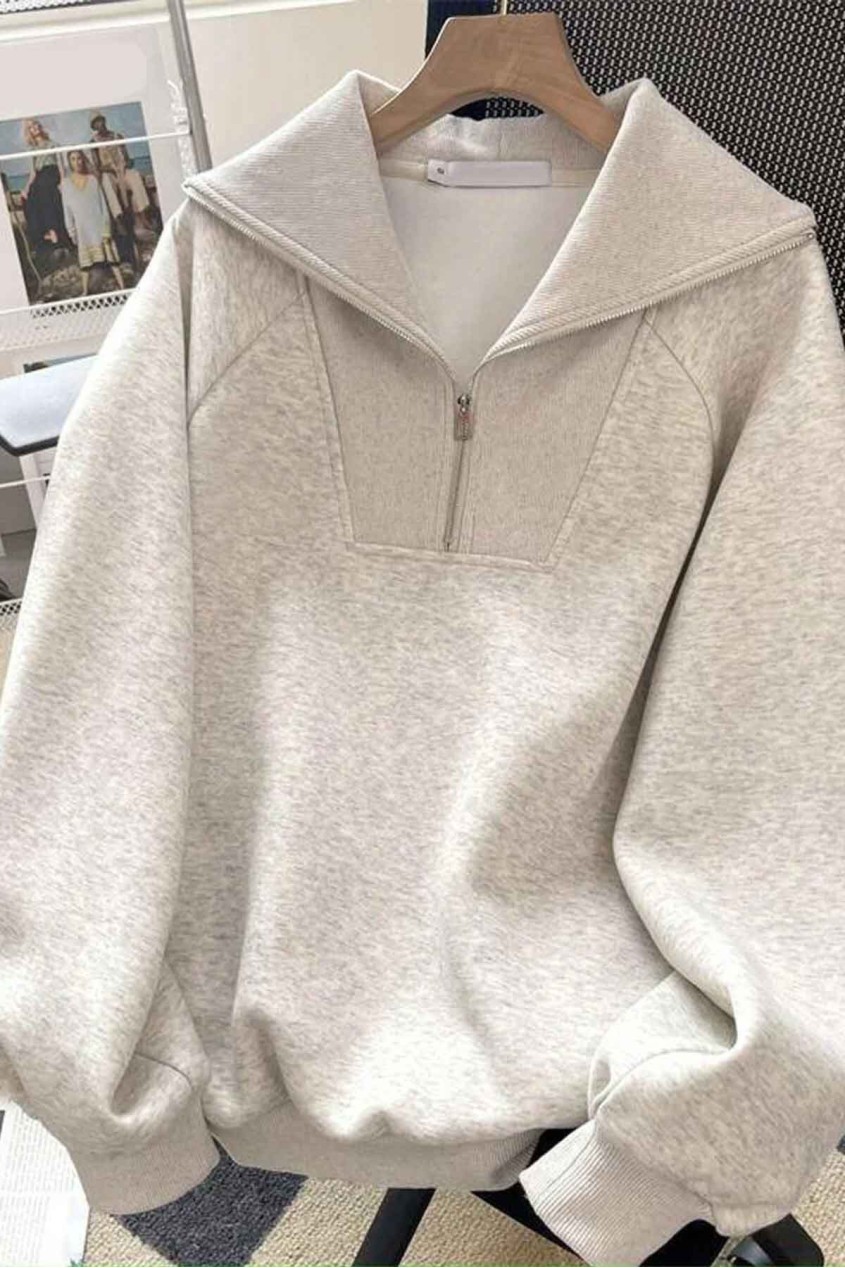 Oversize Gri Dik Yaka Fermuar Detaylı Düz Sweatshirt Oversize Gri Dik Yaka Fermuar Detaylı Düz Sweatshirt