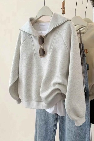 Oversize Gri Dik Yaka Fermuar Detaylı Düz Sweatshirt Oversize Gri Dik Yaka Fermuar Detaylı Düz Sweatshirt