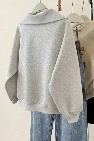 Oversize Gri Dik Yaka Fermuar Detaylı Düz Sweatshirt Oversize Gri Dik Yaka Fermuar Detaylı Düz Sweatshirt