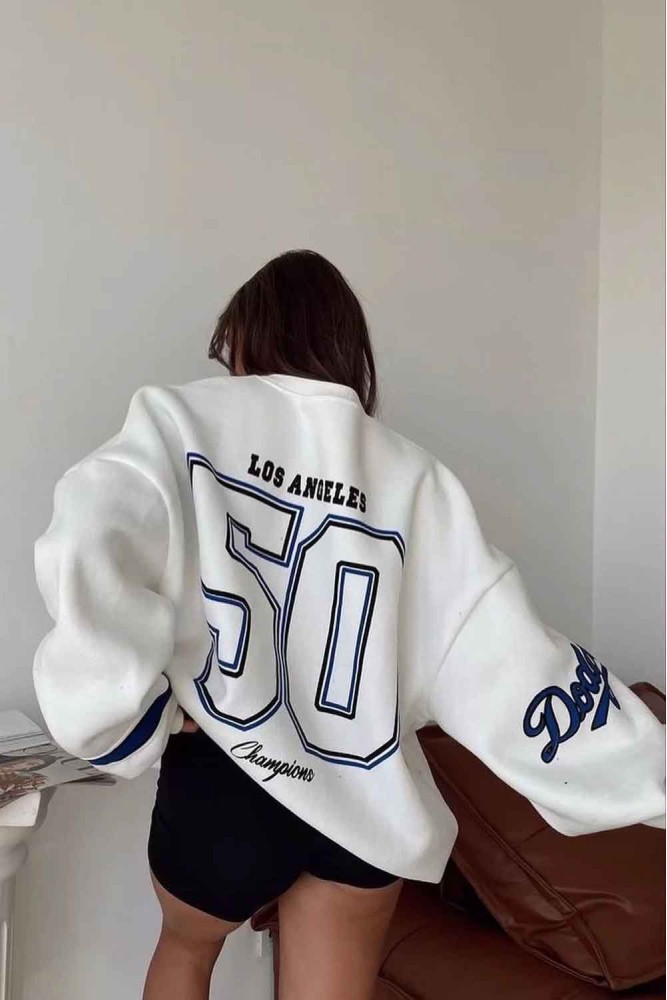 Beyaz Dodgers Baskılı Oversize Unisex Bisikletyaka Sweatshirt
