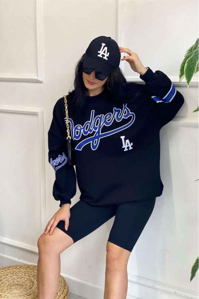 Siyah Dodgers Baskılı Oversize Unisex Bisikletyaka Sweatshirt
