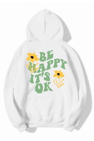 Beyaz Kapüşonlu Oversize Kalıp Be Happy It's Ok Tasarımlı Unisex Sweatshirt  Beyaz Kapüşonlu Oversize Kalıp Be Happy It's Ok Tasarımlı Unisex Sweatshirt
