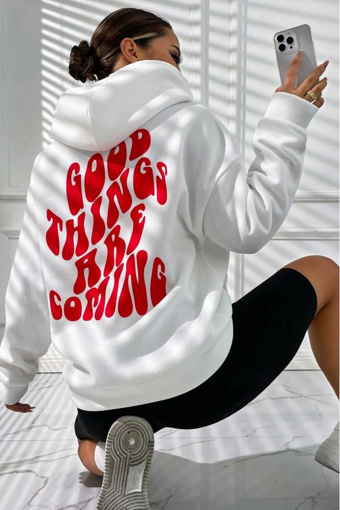 Beyaz Kapüşonlu Oversize Kalıp Good Things Are Coming Tasarımlı Unisex Sweatshirt Beyaz Kapüşonlu Oversize Kalıp Good Things Are Coming Tasarımlı Unisex Sweatshirt