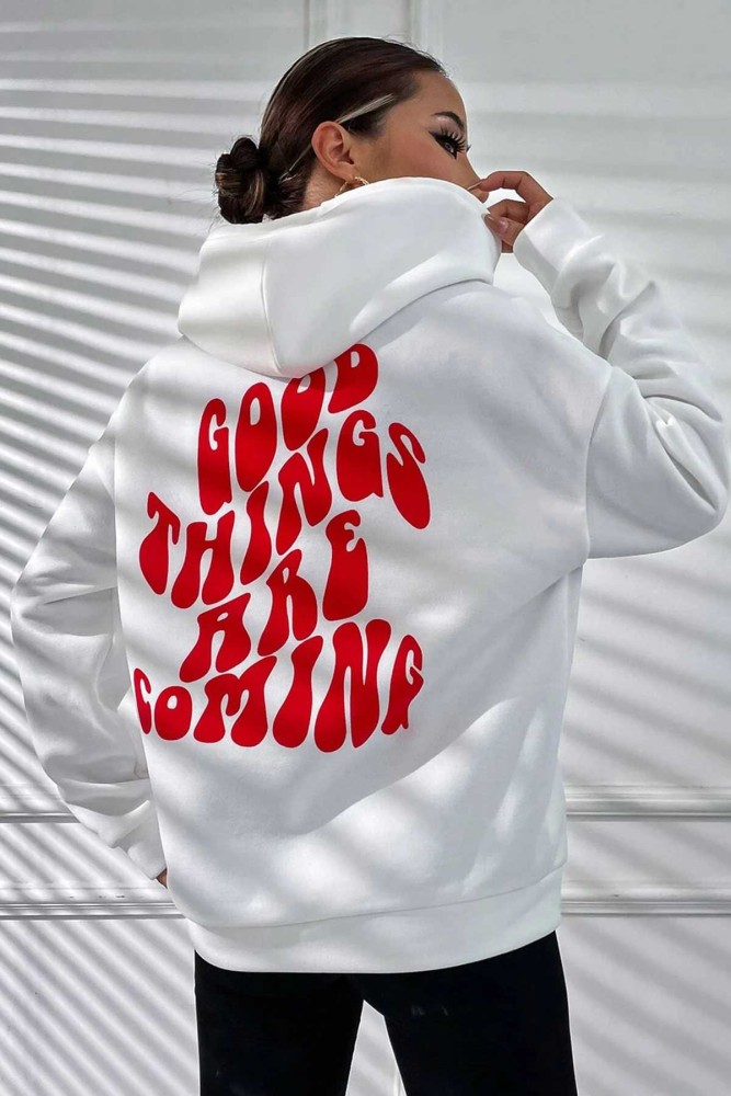Beyaz Kapüşonlu Oversize Kalıp Good Things Are Coming Tasarımlı Unisex Sweatshirt Beyaz Kapüşonlu Oversize Kalıp Good Things Are Coming Tasarımlı Unisex Sweatshirt