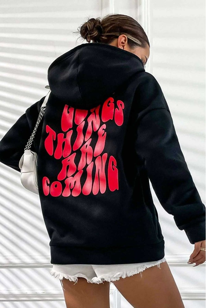 Siyah Kapüşonlu Oversize Kalıp Good Things Are Coming Tasarımlı Unisex Sweatshirt Siyah Kapüşonlu Oversize Kalıp Good Things Are Coming Tasarımlı Unisex Sweatshirt