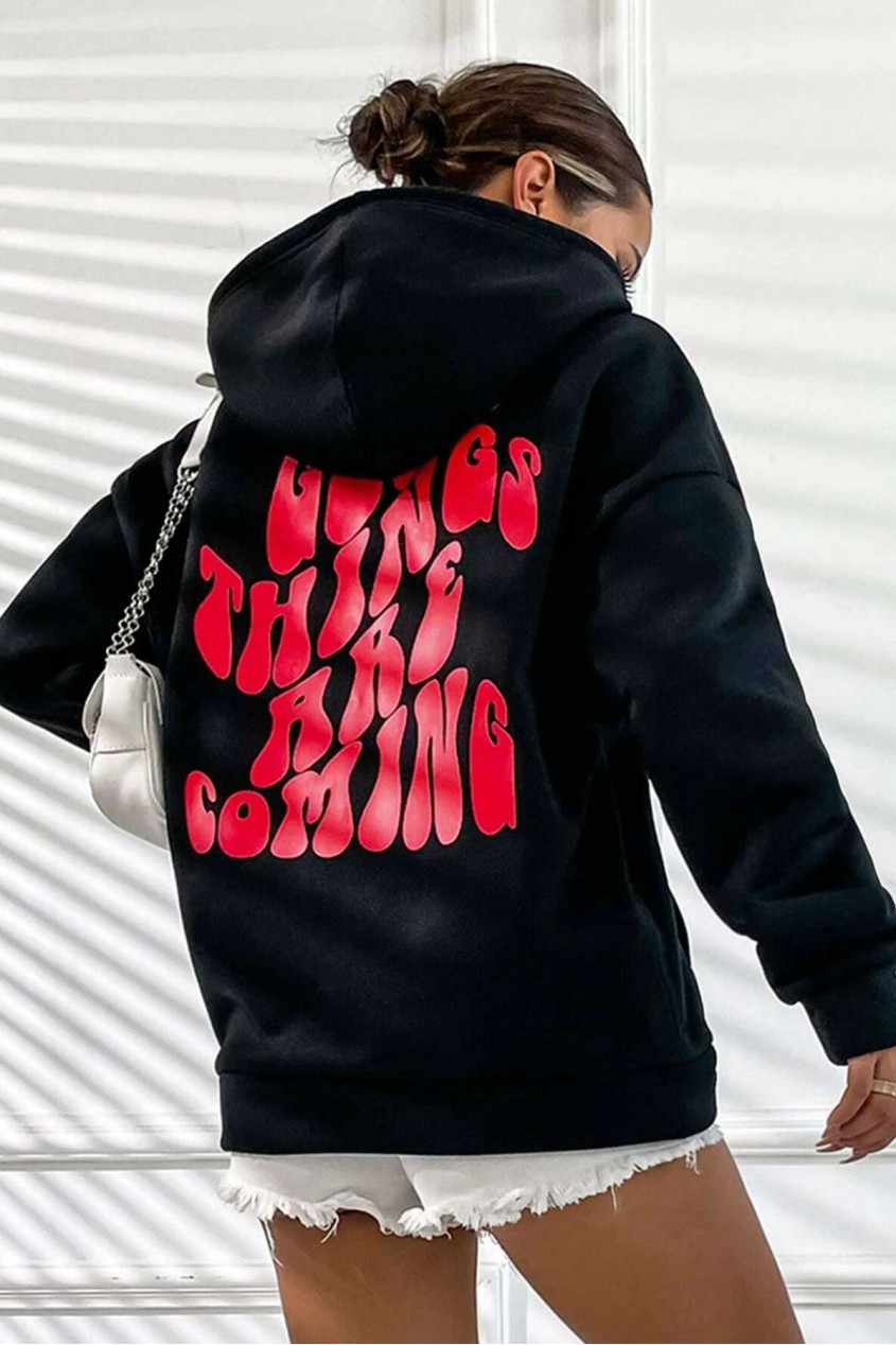 Siyah Kapüşonlu Oversize Kalıp Good Things Are Coming Tasarımlı Unisex Sweatshirt Siyah Kapüşonlu Oversize Kalıp Good Things Are Coming Tasarımlı Unisex Sweatshirt