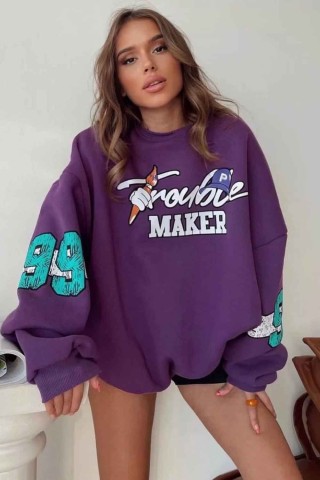 Mor Bugs Bunny Trouble Maker Baskılı Oversize Unisex Bisikletyaka Sweatshirt