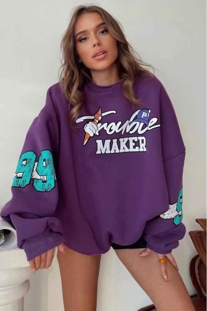 Mor Bugs Bunny Trouble Maker Baskılı Oversize Unisex Bisikletyaka Sweatshirt