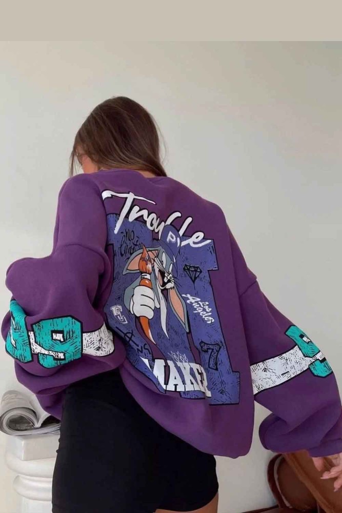 Mor Bugs Bunny Trouble Maker Baskılı Oversize Unisex Bisikletyaka Sweatshirt Mor Bugs Bunny Trouble Maker Baskılı Oversize Unisex Bisikletyaka Sweatshirt