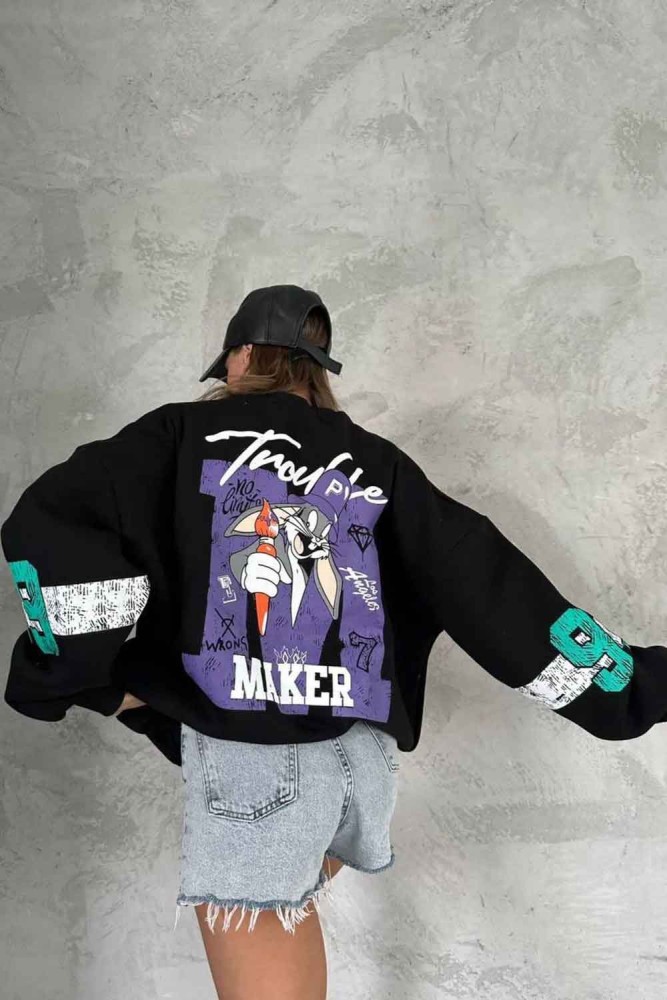 Siyah Bugs Bunny Trouble Maker Baskılı Oversize Unisex Bisikletyaka Sweatshirt Siyah Bugs Bunny Trouble Maker Baskılı Oversize Unisex Bisikletyaka Sweatshirt