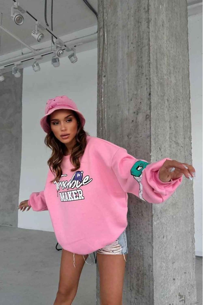 Pembe Bugs Bunny Trouble Maker Baskılı Oversize Unisex Bisikletyaka Sweatshirt