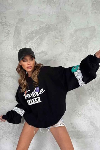 Siyah Bugs Bunny Trouble Maker Baskılı Oversize Unisex Bisikletyaka Sweatshirt