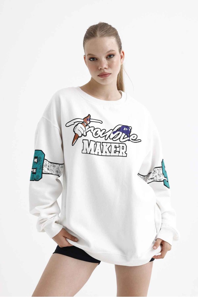 Beyaz Bugs Bunny Trouble Maker Baskılı Oversize Unisex Bisikletyaka Sweatshirt