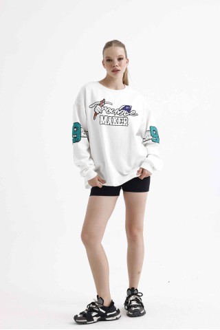 Beyaz Bugs Bunny Trouble Maker Baskılı Oversize Unisex Bisikletyaka Sweatshirt Beyaz Bugs Bunny Trouble Maker Baskılı Oversize Unisex Bisikletyaka Sweatshirt
