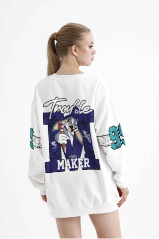 Beyaz Bugs Bunny Trouble Maker Baskılı Oversize Unisex Bisikletyaka Sweatshirt Beyaz Bugs Bunny Trouble Maker Baskılı Oversize Unisex Bisikletyaka Sweatshirt