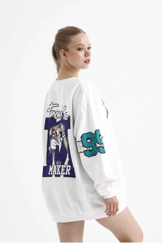 Beyaz Bugs Bunny Trouble Maker Baskılı Oversize Unisex Bisikletyaka Sweatshirt Beyaz Bugs Bunny Trouble Maker Baskılı Oversize Unisex Bisikletyaka Sweatshirt