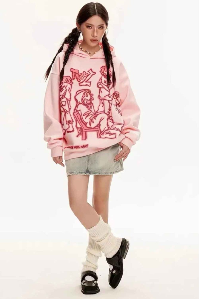 Pembe Harajuku Anime Tsukuba Baskılı Oversize Unisex Bisikletyaka Sweatshirt