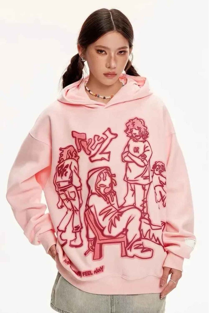 Pembe Harajuku Anime Tsukuba Baskılı Oversize Unisex Bisikletyaka Sweatshirt