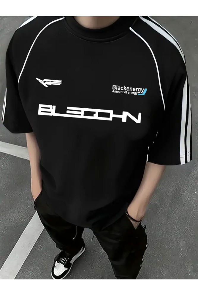 Siyah Oversize Omuz Şeritli Arabiyeli Blackenergy Baskılı Bisiklet Yaka Penye T-Shirt