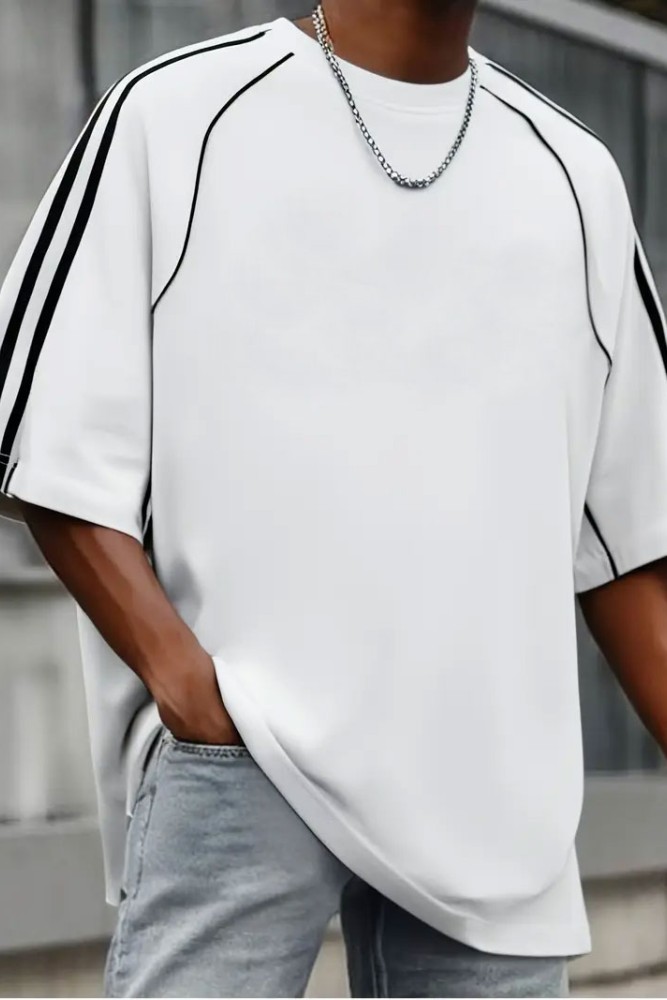 Beyaz Oversize Omuz Şeritli Arabiyeli Bisiklet Yaka Penye T-Shirt