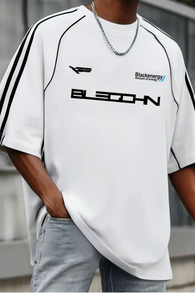 Beyaz Oversize Omuz Şeritli Arabiyeli Blackenergy Baskılı Bisiklet Yaka Penye T-Shirt