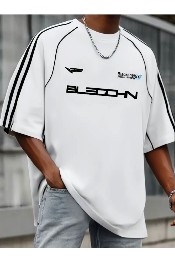 Beyaz Oversize Omuz Şeritli Arabiyeli Blackenergy Baskılı Bisiklet Yaka Penye T-Shirt