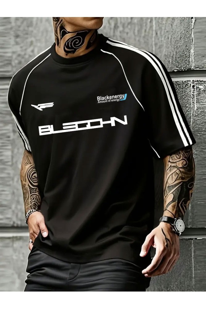 Siyah Oversize Omuz Şeritli Arabiyeli Blackenergy Baskılı Bisiklet Yaka Penye T-Shirt