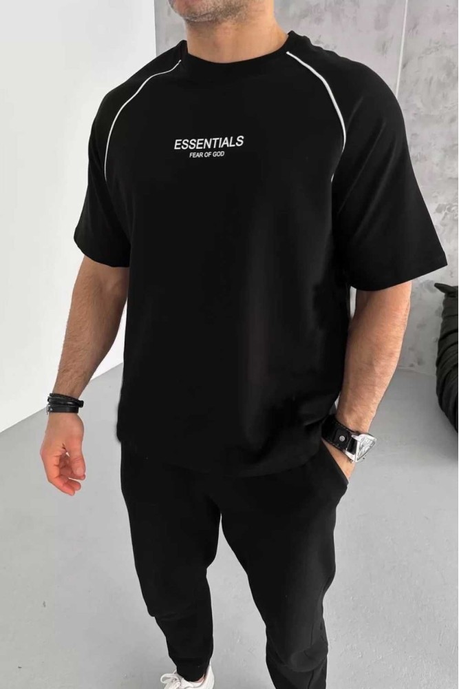 Siyah Oversize Arabiyeli Essential Baskılı Bisiklet Yaka Penye T-Shirt