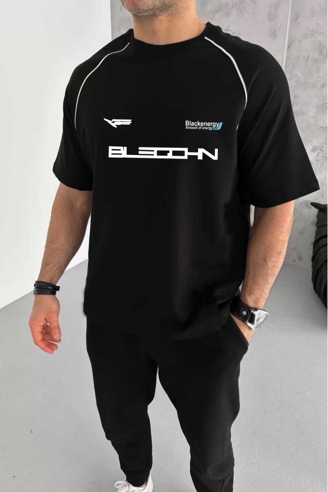 Siyah Oversize Arabiyeli Black Energy Baskılı Bisiklet Yaka Penye T-Shirt