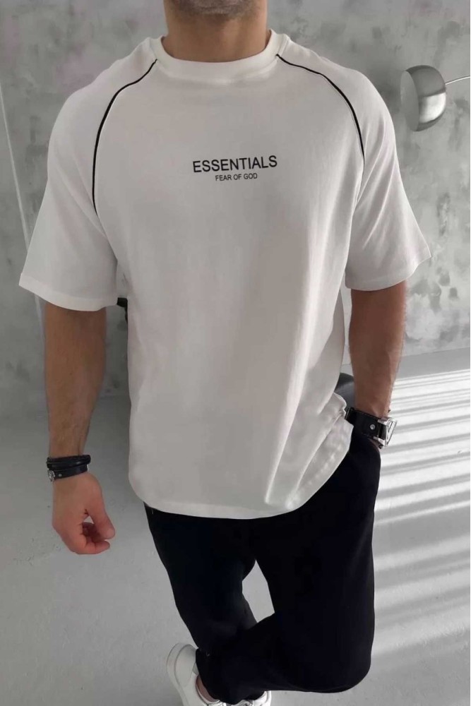 Beyaz Oversize Arabiyeli Essential Baskılı Bisiklet Yaka Penye T-Shirt