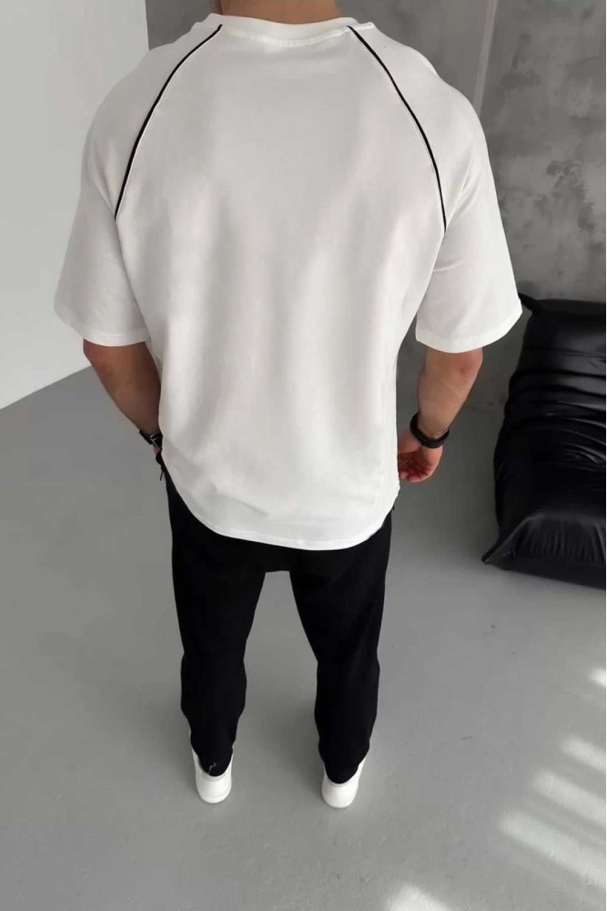 Beyaz Oversize Arabiyeli Black Energy Baskılı Bisiklet Yaka Penye T-Shirt