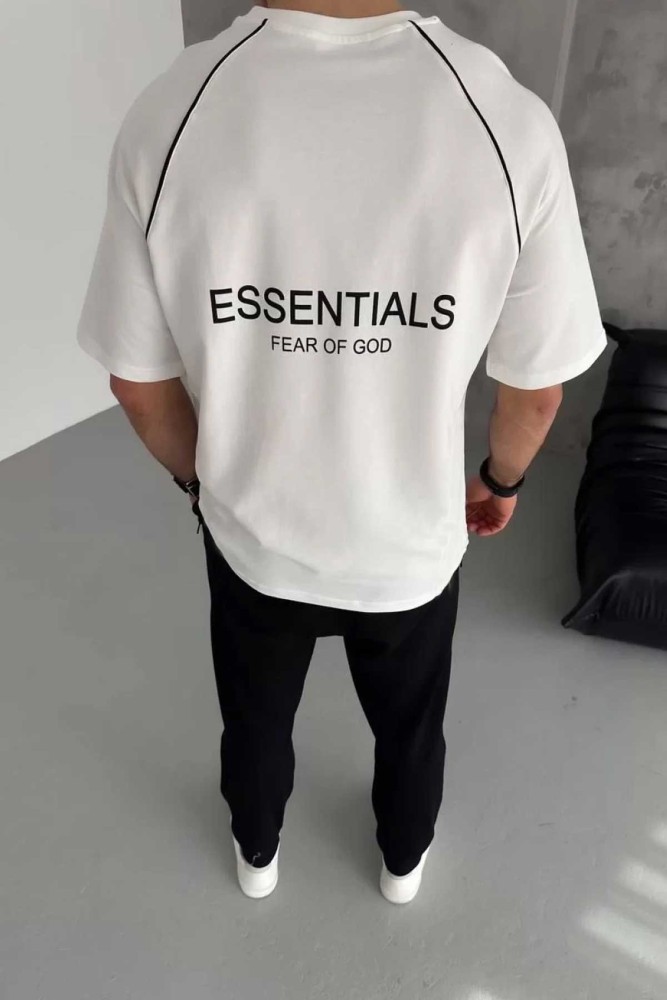 Beyaz Oversize Arabiyeli Essential Baskılı Bisiklet Yaka Penye T-Shirt