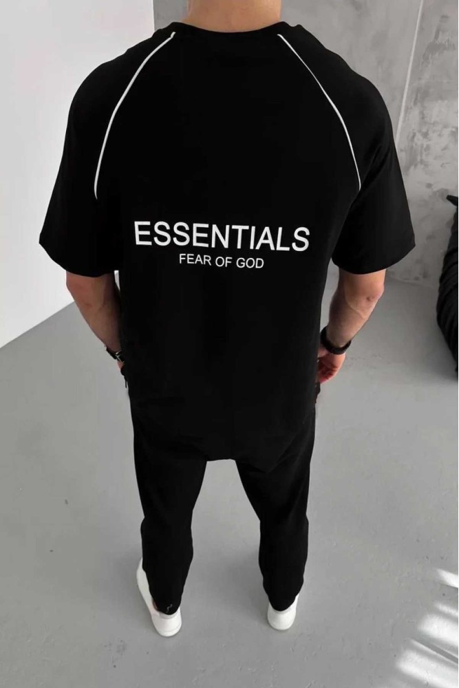 Siyah Oversize Arabiyeli Essential Baskılı Bisiklet Yaka Penye T-Shirt