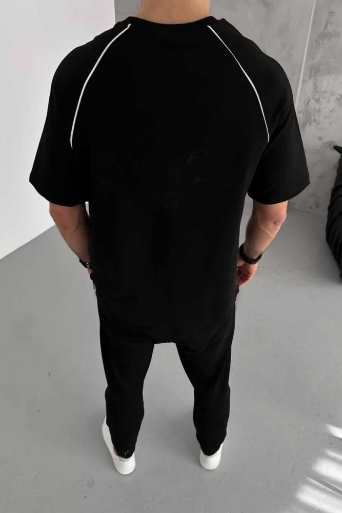 Siyah Oversize Arabiyeli Black Energy Baskılı Bisiklet Yaka Penye T-Shirt