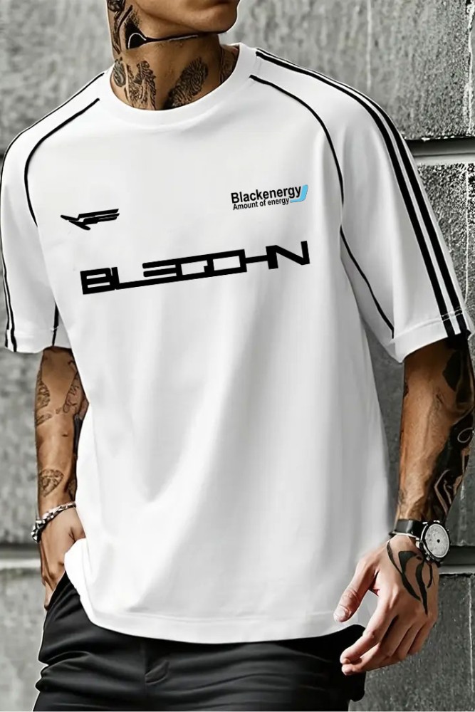 Beyaz Oversize Omuz Şeritli Arabiyeli Blackenergy Baskılı Bisiklet Yaka Penye T-Shirt