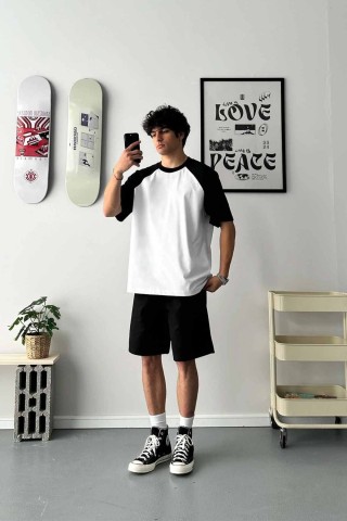 Oversize Reglan Kol Siyah Beyaz Bisiklet Yaka Penye T-Shirt Oversize Reglan Kol Siyah Beyaz Bisiklet Yaka Penye T-Shirt