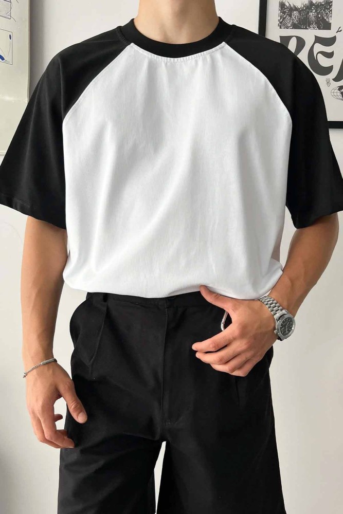 Oversize Reglan Kol Siyah Beyaz Bisiklet Yaka Penye T-Shirt