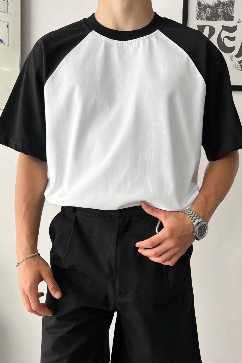 Oversize Reglan Kol Siyah Beyaz Bisiklet Yaka Penye T-Shirt Oversize Reglan Kol Siyah Beyaz Bisiklet Yaka Penye T-Shirt