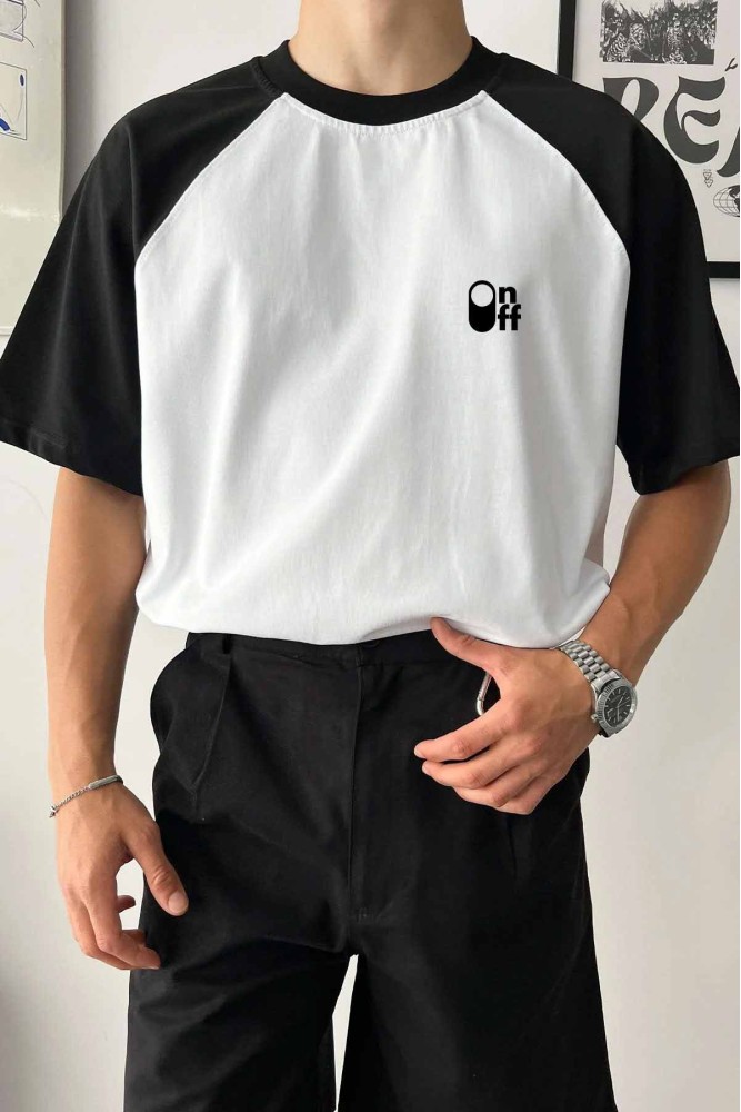 Oversize Reglan Kol Siyah Beyaz On-Off Baskılı Bisiklet Yaka Penye T-Shirt