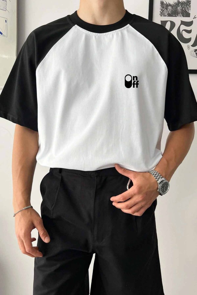 Oversize Reglan Kol Siyah Beyaz On-Off Baskılı Bisiklet Yaka Penye T-Shirt