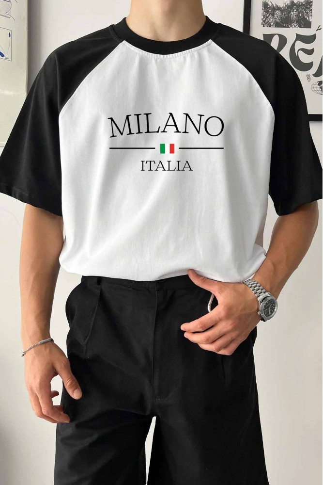 Oversize Reglan Kol Siyah Beyaz Milano Baskılı Bisiklet Yaka Penye T-Shirt