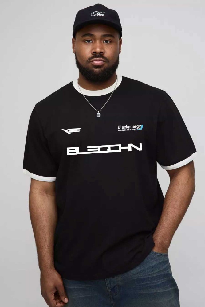 Unisex Siyah Renk Beyaz Biyeli Yaka Black Energy Oversize Pamuklu T-Shirt Unisex Siyah Renk Beyaz Biyeli Yaka Black Energy Oversize Pamuklu T-Shirt